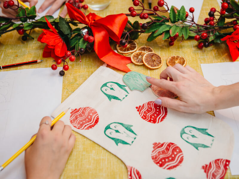 Christmas stamps printed on a linen stocking.jpg